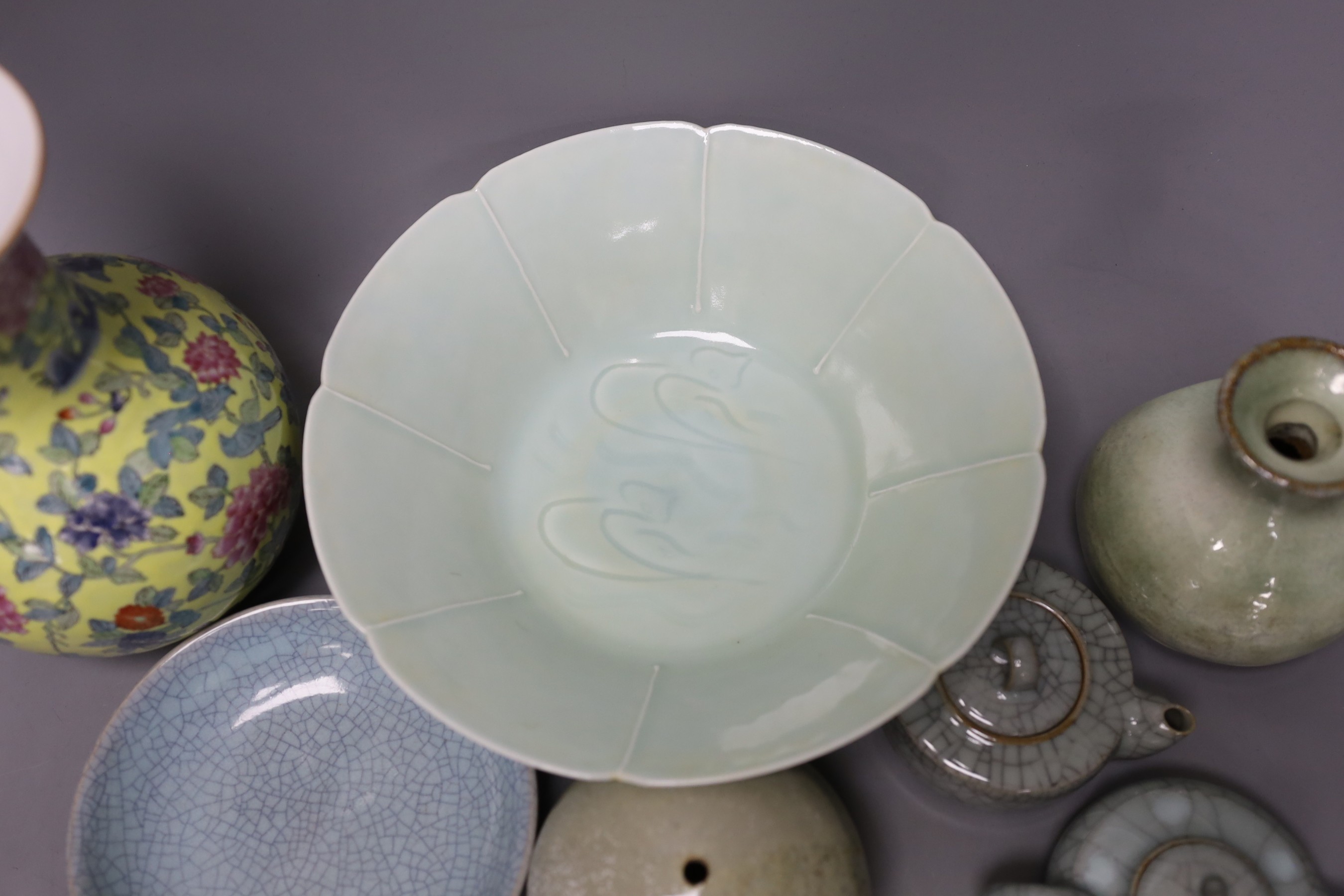 A group of Chinese crackle glaze ceramics, a yellow ground vase, celadon glazed bowl etc